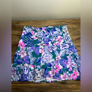 Lilly Pulitzer Ibis Skirt Moonlight Garden Floral Pink Blue Size 8 Ruffle Hem Mi thumbnail 3