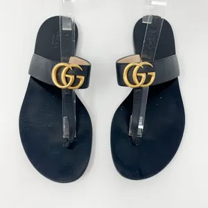 Gucci Marmont GG Black Leather Thong Sandals Gold Logo EU 38.5 thumbnail 1