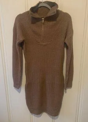 Brown Taupe Ribbed Knit Funnel Neck Sweater Dress thumbnail 1