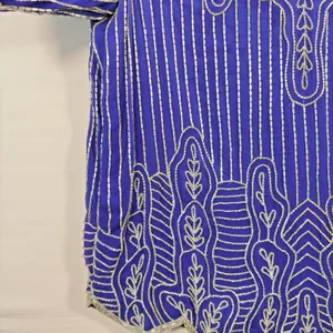 Vintage Royal Blue‎ Silk Beaded Blouse Silver Bugle Bead Scalloped Hem Top Small thumbnail 4