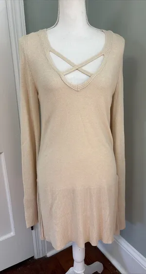 Free‎ People Medium Ivory Criss Cross Long Sleeve Pullover Sweater Tunic thumbnail 1
