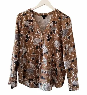 Ann Taylor Floral Mixed Media Pleat Front Gold Gray Office Career Top Sz MP thumbnail 1