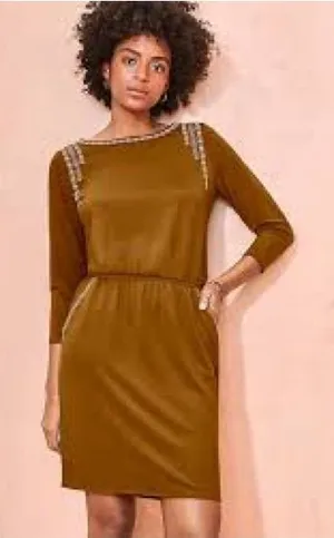 Garnet Hill Knit Dress Womens Small Brown Embroidered Elastic Waist thumbnail 1