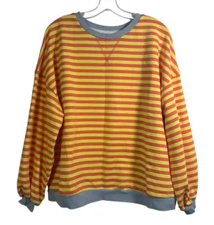 UEU Yellow Orange Striped Sweatshirt Blue Trim Crew Neck Pullover Large thumbnail 1