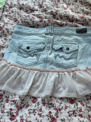 Y2K Light Blue Denim Mini Skirt with pink Lace Ruffle thumbnail 6
