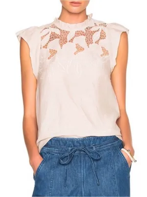 Ulla Johnson Aimee Linen Lace Eyelet Top Floral Embroidered Tan Size 4 thumbnail 1