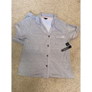 Tahari NWT‎ Notch Collar Short Pajama Set Gray Pink Stripe Large thumbnail 2