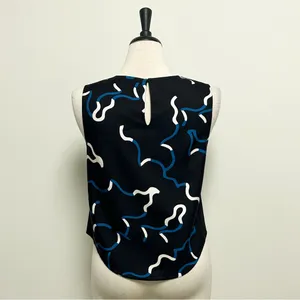 Diane Von Furstenberg Black Blue Ivory Sleeveless Scottie Wool Silk Top Medium thumbnail 4