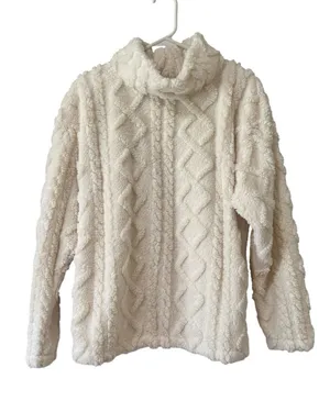Eddie Bauer Pullover Womens M Ivory Sherpa Fleece Cable Mock Neck Warm Jacket thumbnail 1
