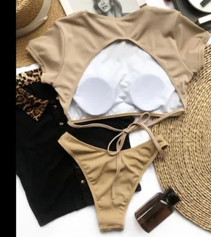 Ribbed t shirt tie back bikini set tan Size L thumbnail 3