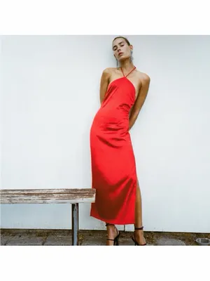 Zara Red Satin Halter Maxi Dress thumbnail 3