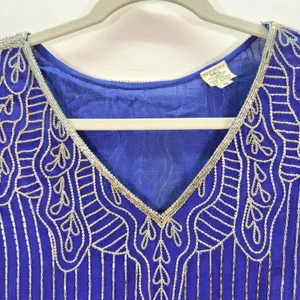 Vintage Royal Blue‎ Silk Beaded Blouse Silver Bugle Bead Scalloped Hem Top Small thumbnail 6