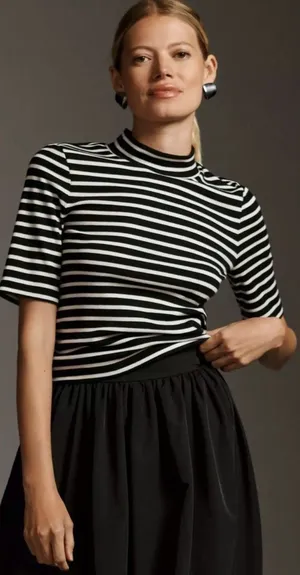 Maeve by Anthropologie Ribbed Mock Neck Striped Top Half Sleeve Black White S thumbnail 1