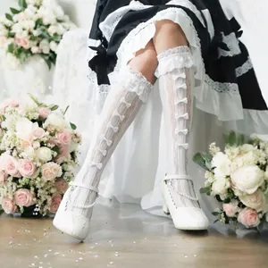 Retro Vintage Style Bow Accent Knee High Socks Flirty Ruffle Trim Soft Lace‎ thumbnail 11