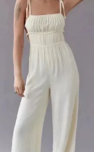 Urban Outfitters UO Courtney Tie Off white Ivory Crème Jumpsuit Large New Lined thumbnail 1