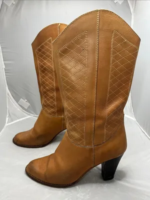 Women's 80s Vintage Tan Leather Mid-Calf Heeled Western Boots - Size 7B thumbnail 1