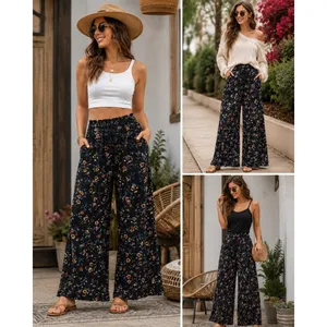 Lived To Be Spoiled Pants Womens M Black Floral Wide Leg Smocked Tassel Boho thumbnail 2