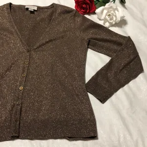 LOFT Brown Glitter Cardigan M thumbnail 3