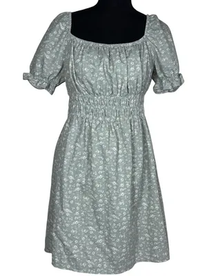 Iris Sage Green Floral Linen Blend Mini Dress L Puff Sleeve Cinched Waist Cottagecore thumbnail 1