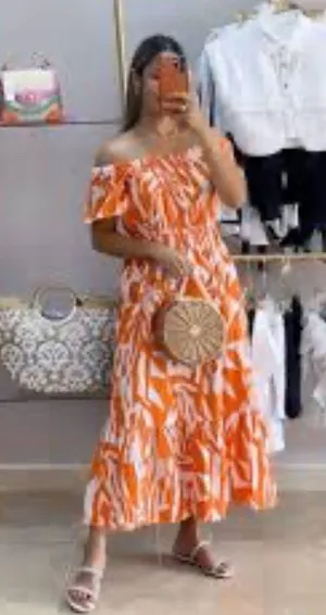Nation AK Outfits Long Tropical Orange Maxi Tiered dress women size S thumbnail 6
