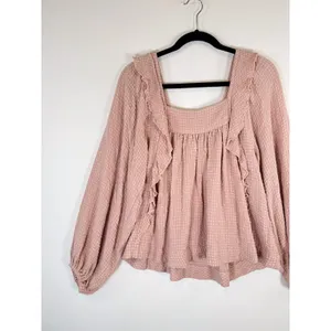 Free People Womens Top Pink Bonnie Ruffle Plaid Babydoll Blouse Stretch Boho XS thumbnail 6