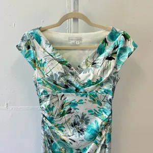 London Times Teal Green‎ Floral Ruched Sheath Satin Midi Dress Size 4 Cap Sleeve thumbnail 3