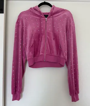 Y2K Vintage Velour Zip Up Hoodie Rhinestone McBling Baddie Track Jacket Cropped thumbnail 1