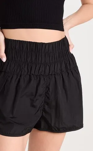 Free People The Way Home Black Smocked High-Waist Athletic Shorts Large thumbnail 1