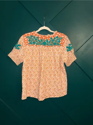 Sister Mary Floral Embroidered Coral Blouse Teal Boho Peasant Top Cottagecore thumbnail 3