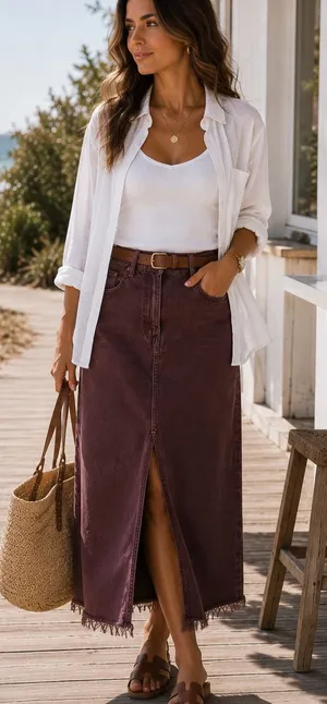BDG Wine-Toned Maxi Denim Skirt with Front Slit thumbnail 1
