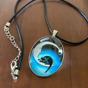 Handmade Moon & cat whimsical goth retro cute necklace🌙 thumbnail 1