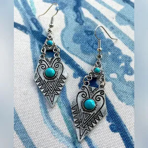 Turquoise Diamond Silvertone long drop earrings gift wife mom girlfriend new thumbnail 2