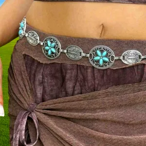 Turquoise Silver Color Vintage Carved‎ Flower Style, Waist Chain Belt thumbnail 1