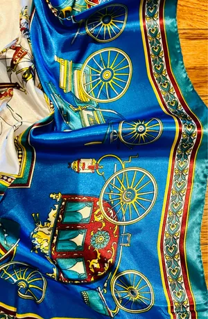 VINTAGE EQUESTRIAN horse&carriage ROYAL BLUE silky SCARF 35’/35’ inches thumbnail 5