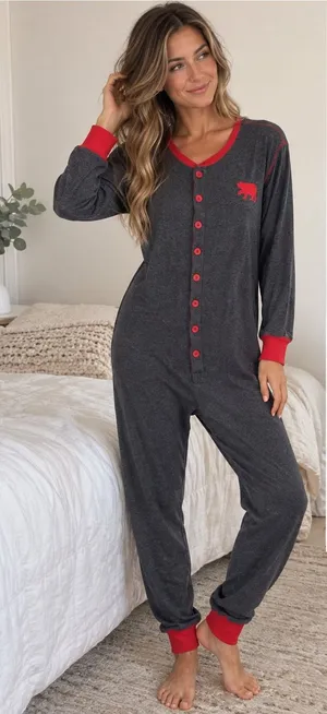 Little Blue House Bear Naked Adult L Union Suit Pajamas One Piece Gray Red thumbnail 1