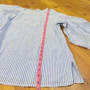 Blue White Striped Seersucker Coastal Blouse Bell Sleeve Scoop Neck Size M/L thumbnail 4