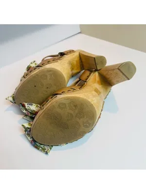 Vintage CROWN women’s wood platform heels "miss america" floral fabric bow Sz 7M thumbnail 9