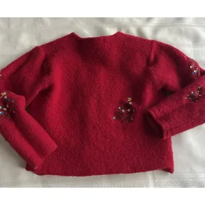 Karen Scott Red 100% Wool VintageCardigan Sweater Sequin Embroidered Tree M Crew thumbnail 2