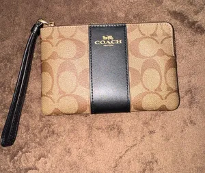 Coach Brown Signature Canvas Wristlet with Black Center Stripe thumbnail 1