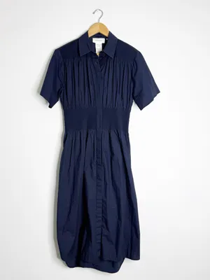 Sportmax Navy Midi Shirt Dress Size 10 Smocked Waist Button Front Pockets thumbnail 2
