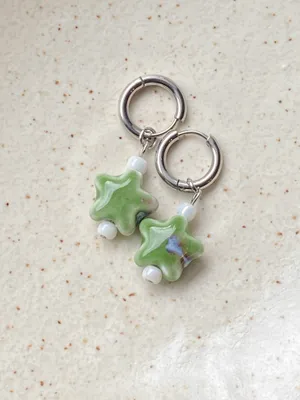 Handmade green ceramic star boho fairy cottage y2k hoop earrings⭐️💚 thumbnail 4