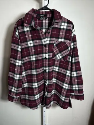 S305. Forever 21 Women's Burgundy Plaid Button-Up Shirt Jacket- oversized thumbnail 1