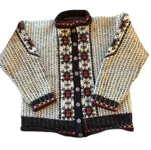 VTG Wool Chunky Knitted Cardigan Sweater M Black Cream Red Metal Scroll Buttons thumbnail 1