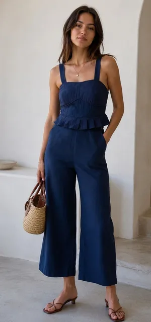 Sea New York Jumpsuit Women 2 Navy Blue Peplum Wide Leg Smocked Back Pocket thumbnail 1