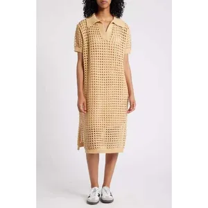 NWT Dressed In Lala Open Knit Polo Midi Dress Large Taupe Tan Crochet Cover Up thumbnail 2