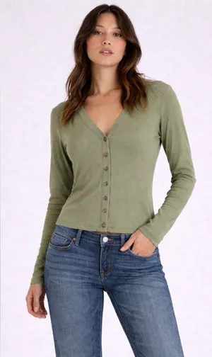 Banana Republic Button-Front V-Neck Ribbed Top - Olive Green Size-Medium thumbnail 1