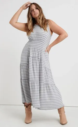 Lucky Brand Ruched Sleeveless Grey & White Stripe Maxi Dress Small #800 thumbnail 1