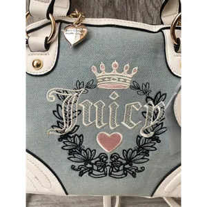 Juicy Couture Satchel | Blue Denim Embroidered Bag | heart charm thumbnail 4
