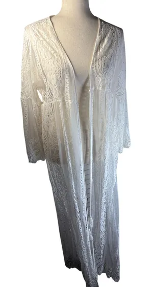 White Floral Lace Maxi Duster Kimono Cardigan Size Small Boho Festival thumbnail 1