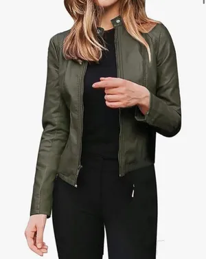 NEW Green Vegan Leather Classic Moto Biker Zipper Jacket XL thumbnail 1
